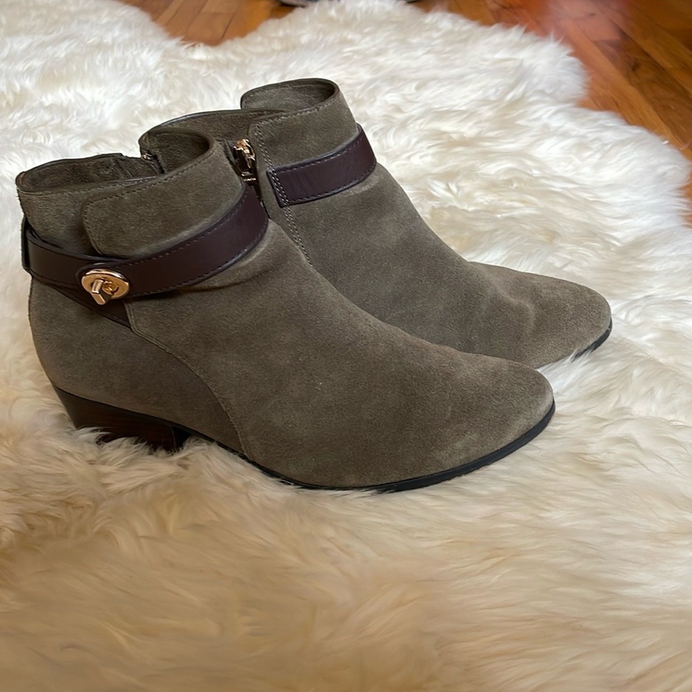 Coach Booties, Olive Green Suede, Size 7B